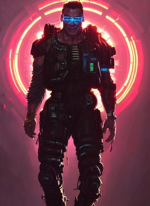 Image similar to van damme as cyberpunk commando, intricate, elegant, glowing lights, highly detailed, digital painting, artstation, glamor pose, epic pose, concept art, smooth, sharp focus, illustration, art by artgerm and greg rutkowski, artey freytag