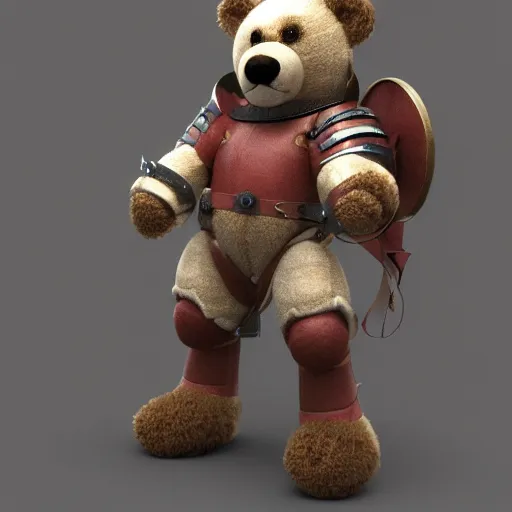 Image similar to 3 d render, octane, redshift, fur, teddy bear wearing medieval knight armor, cgsociery, featured in artstation