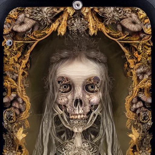 Image similar to a beautiful detailed front view baroque portrait of a rotten woman corpse with fractal plants and fractal flowers and mushrooms growing around, intricate, ornate, bones, volumetric light, beautiful lit, polaroid photography