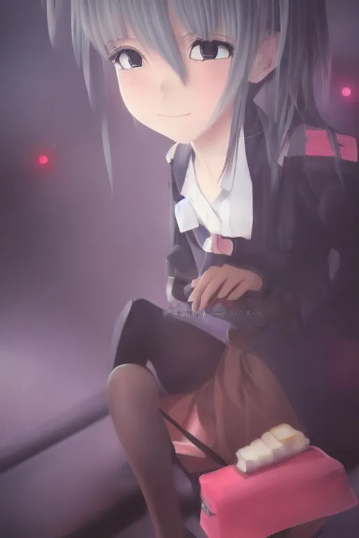 Image similar to 3d dark infrared octane render portrait of beauty anime schoolgirl eating under dark japan subway. cute face. dramatic light, trending on artstation, 3d art by hayao miyazaki oil painting