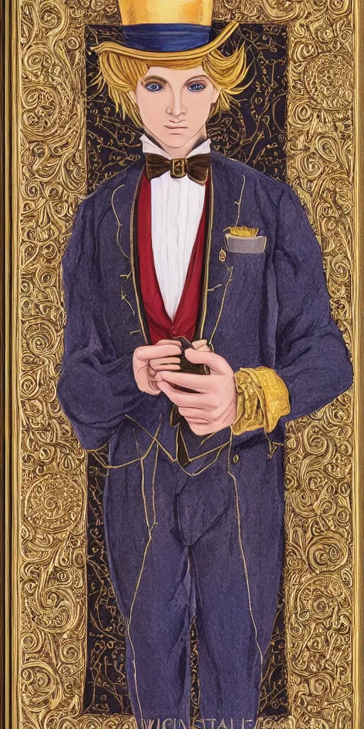 Prompt: beautiful detailed acrylic painting mystical mentalist man, has blond hair and a top hat. Wearing embroidered noble clothes. A small book with gold filigree in hand. Renaissance. Fantasy.