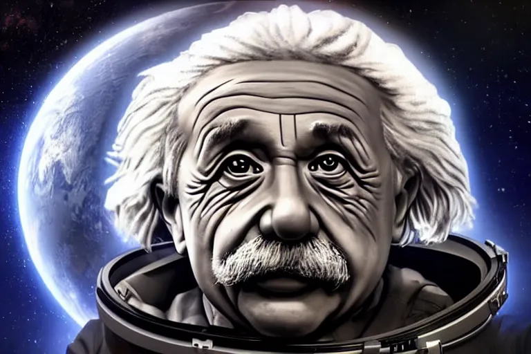 Image similar to still fullbody photo of sad albert einstein in spacesuit, giant flat earth on turtles at background, highly detailed, photorealistic shot, bright studio setting, studio lighting, crisp quality and light reflections, unreal engine 5 quality render