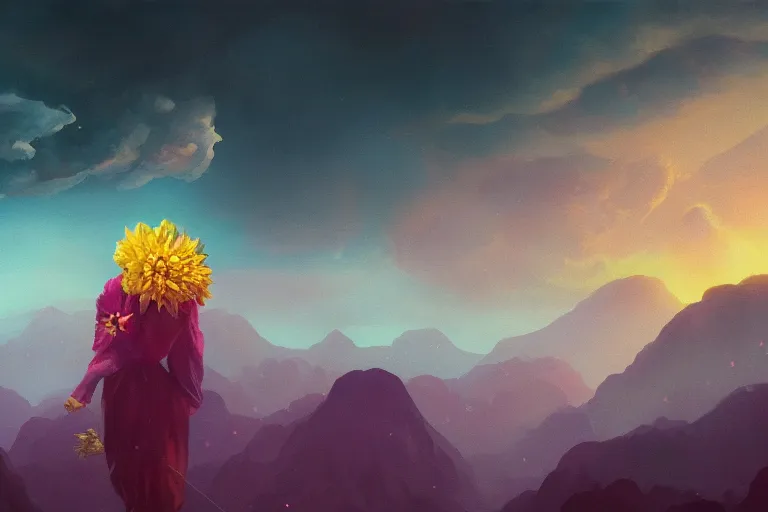 Image similar to giant dahlia flower as a head, girl walking on mountain, surreal photography, stars, dramatic light, impressionist painting, storm clouds, digital painting, artstation, simon stalenhag