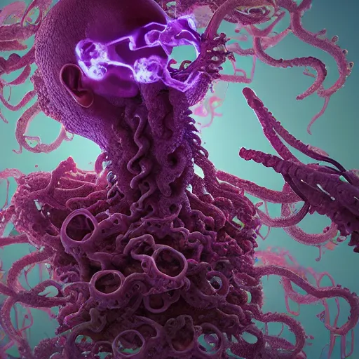 Image similar to a human Skull mutating into flowers, tentacles, unnatural shapes, surrounded by jellyfish tentacles reaching out, coherent human Skull, insects, chaotic octane render, 3d digital art by beeple, unreal engine 5, award winning,