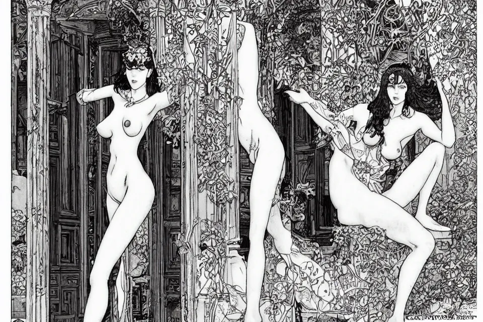 Prompt: beautiful woman at the entrance of the temple of desire by milo manara and apollonia saintclair and milo manara