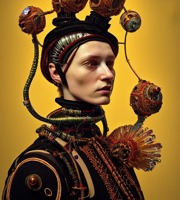 Image similar to colour caravaggio style photography of highly detailed beautiful woman with 1 0 0 0 years perfect face and wearing detailed ukrainian folk costume designed by taras shevchenko also wearing highly detailed retrofuturistic sci - fi neural interface designed by josan gonzalez. many details in style of josan gonzalez and mike winkelmann and andgreg rutkowski and alphonse muchaand