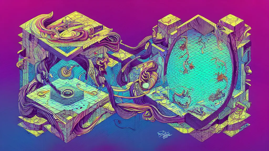 Prompt: twisted turn of fate abstraction, centered award winning ink pen illustration, isometric abstract illustration by dan mumford, edited by craola, technical drawing by beeple and tooth wu, tiny details by artgerm watercolor girl, symmetrically isometrically centered