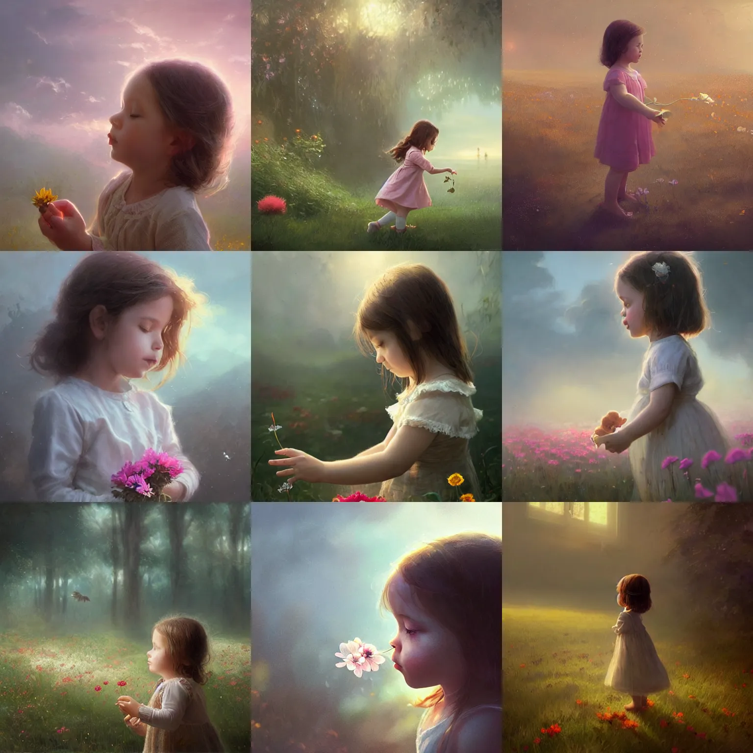 Prompt: cute 2 year old girl with light brown hair sniffing a flower. soft lighting. warm brilliance. magical atmosphere. matte painting by greg rutkowski.