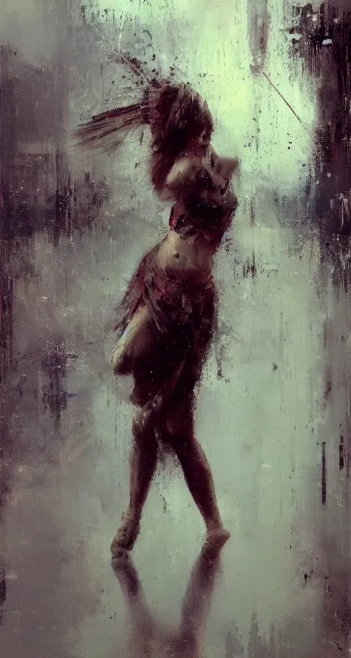 Prompt: painting of a beautiful girl, dancing in the rain, by Jeremy Mann and Jason Jenicke, highly detailed, stylized, loose brush strokes, intricate, realistic, exaggerated lighting, dramatic lighting, sense of scale, sense of movement, sensual