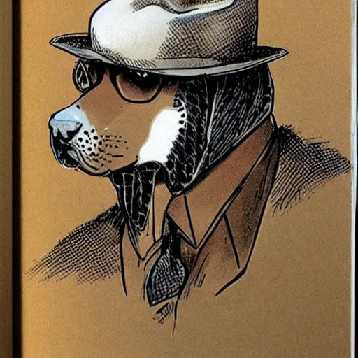 Image similar to a beagle wearing a business suit and fedora, by moebius