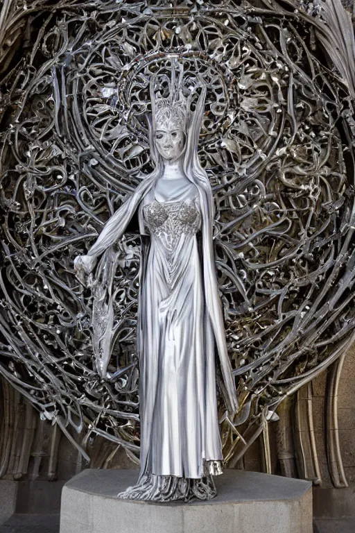 Image similar to a cinematic view of a ornated intricate gothic sacred statue of medieval maiden wizard made in light concrete, with few ornaments in shiny polished chrome, sculpted by hedi xandt and gaudi