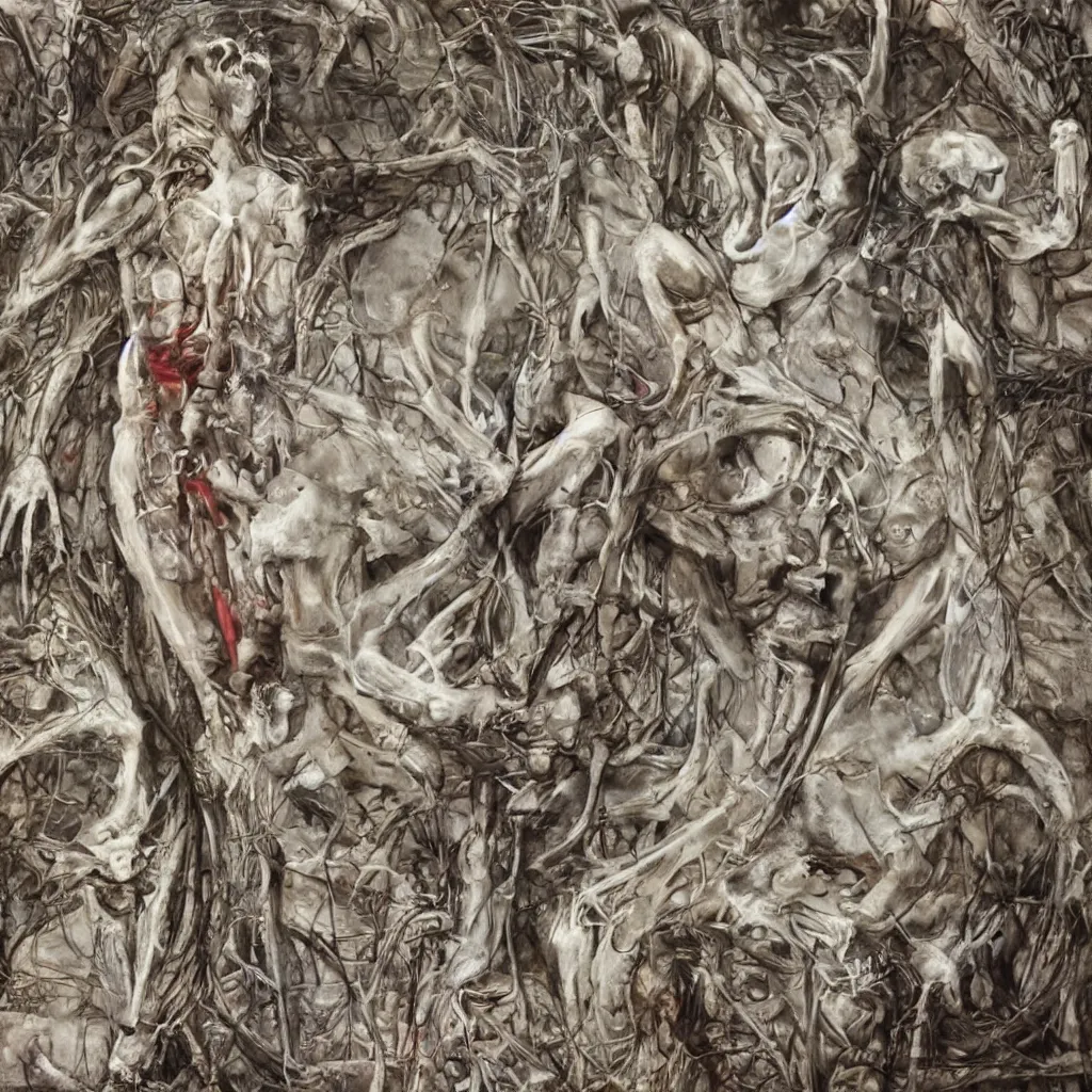 Image similar to realistic shot bloody bones, organs and flesh, biomechanical technology, natural light, by h r giger