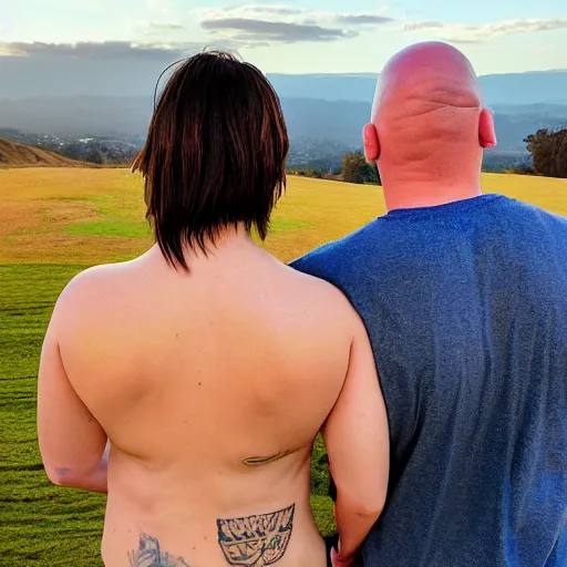 Image similar to portrait of a young chunky bald white male tattoos and his young white female brown hair wife with tattoos. male is wearing a white t - shirt, tan shorts, white long socks. female is has long brown hair and a lot of tattoos. photo taken from behind them overlooking the field with a goat pen. rolling hills in the background of california and a partly cloudy sky