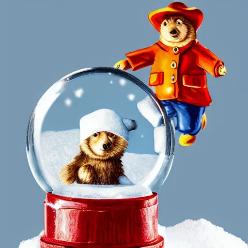 Image similar to Paddington Bear trapped in a snow globe