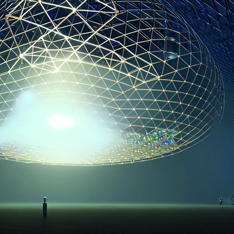 Prompt: an immaculate volumetric path tracing lighting render of a of beautiful iridescent large geodesic dome device at the center of a vast modern datacenter, fog, god rays, and nixie tubes by Zdzisław Beksiński and beeple, beautiful modern colors, ultradetailed, 4k ultra