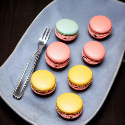 Prompt: needles and pins sticking out of macaron on a tiny plate