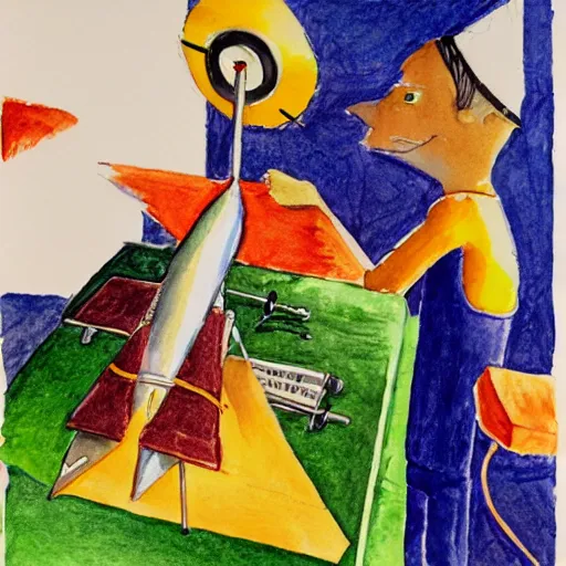 Image similar to a doctor performing surgery on a rocket, watercolor by eric carle, traced by pencil, high detail, peaceful mood