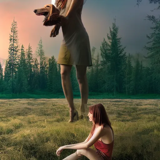 Prompt: dark red golden retriever in forest lake, matte painting in 4 k, concept art width 1 0 2 4 with young woman