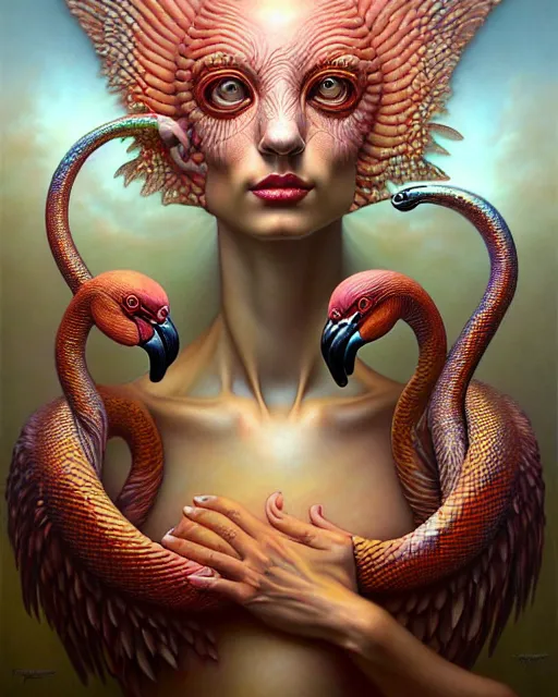 Image similar to a detailed portrait of dreampunk flamingo python hybrid mix goddess by tomasz alen kopera and peter mohrbacher