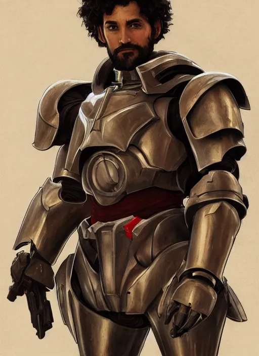 Image similar to medium-length portrait of a male paladin with short curly hair and a dark beard, dark brown skin, happy expression, wears a suit of power armor, gundam, medieval setting, highly detailed, digital painting, artstation, concept art, sharp focus, illustration, art by greg rutkowski and alphonse mucha