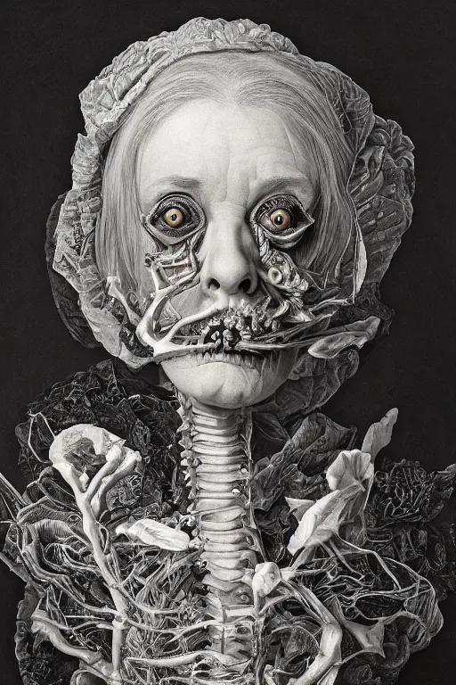 Image similar to Detailed maximalist portrait of a beautiful old woman with large lips and eyes, scared expression, botanical skeletal with extra flesh, HD mixed media, 3D collage, highly detailed and intricate, surreal illustration in the style of Caravaggio, dark art, baroque, centred in image