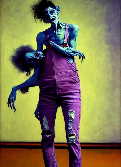 Prompt: an insane, skinny artist wearing torn overalls, expressively, physically fighting with a ghost inside a grand studio, depth of field, hauntingly surreal, highly detailed oil painting, by francis bacon, edward hopper, adrian ghenie, glenn brown, soft light 4 k, purple and blue colour palette, cinematic composition, cinematic lighting, high quality octane render, masterpiece