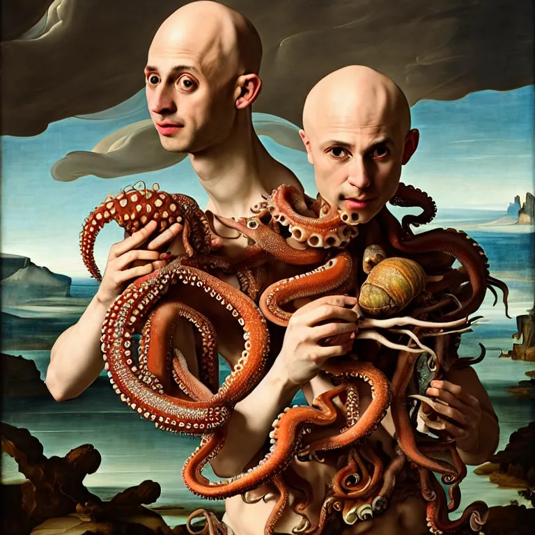 Image similar to young bald man wearing exoskeleton, standing in a shell, holding a squid, octopus, sea in the background, beautiful baroque portrait painting, psychedelic, trippy, hallucination, dream, beautiful detailed intricate insanely detailed octane render trending on Artstation, 8K artistic photography, photorealistic, chiaroscuro, Raphael, Caravaggio