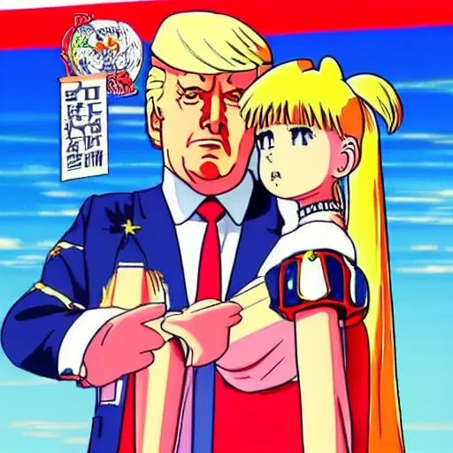 Image similar to ivanka and donald trump, sprite, vaporwave nostalgia, directed by beat takeshi, visual novel cg, 8 0 s anime vibe, kimagure orange road, maison ikkoku, sketch by akira toriyama