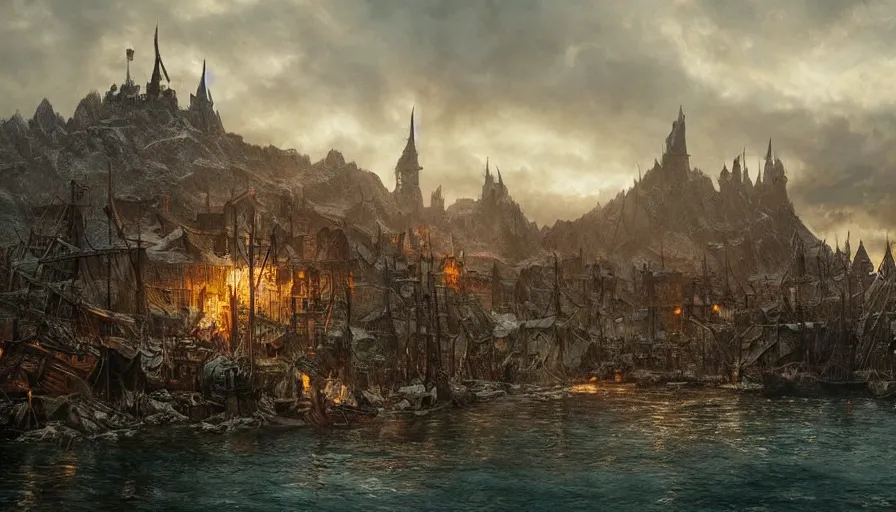 Image similar to a beautiful photo realistic still image of laketown from the movie the hobbit, warm colors, by greg rutkowski, trending on artstation, masterpiece,