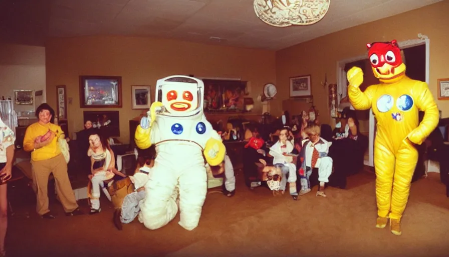 Prompt: 1990s candid 35mm photo of a beautiful day in the living room, cinematic lighting, cinematic look, golden hour, large costumed mascot business fruit people dancing for families, Enormous personified business fruit people with outstandingly happy faces coming out of a portal and talking to families about space and planets, UHD