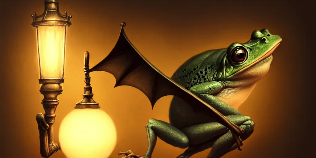 Image similar to a bat frog holding a lamp by justin gerard, concept art, creature design, sharp focus, trending on artstation, hyper realism, 8 k, hyper detailed, ultra detailed, highly detailed,