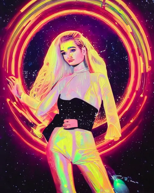 Prompt: a highly detailed and accurate pulp portrait of kim petras in space, 1 9 7 0 s, space station, neon light, delicate embellishments, woman art, painterly, offset printing technique