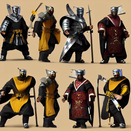 Image similar to The Wu-Tang Clan as medieval knights and warriors, photoreal, octane render