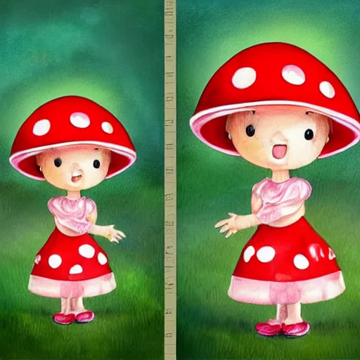 Prompt: little girl with a mushroom hat, cute artwork, clean detailed