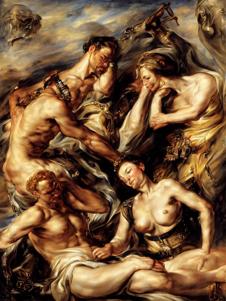 Image similar to the soldier lays his hand on the queen ’ s forehead, by peter paul rubens and eugene delacroix and karol bak, hyperrealism, digital illustration, fauvist, intimate, relaxed posture, high definition, delicate, dimly lit, private moment