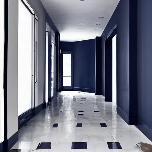 Image similar to minimalist hallway, navy blue and black aesthetic, unknown location, clean, stucco walls, shiny floors, cinematic