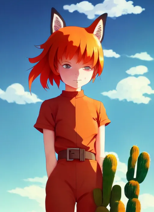 Image similar to portrait of cute redhead girl in orange jumpsuit with fox ears, holding a cactus, cloudy sky background lush landscape illustration concept art anime key visual trending pixiv fanbox by wlop and greg rutkowski and makoto shinkai and studio ghibli