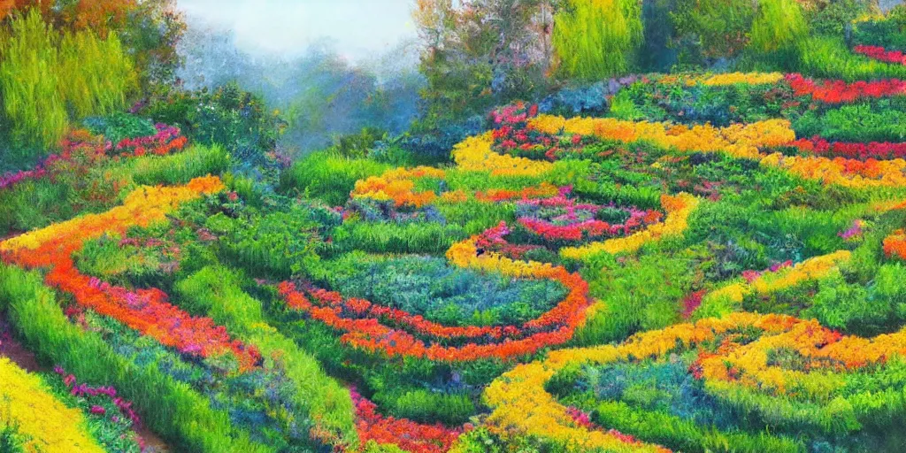 Image similar to painting of terraced gardens, beautiful, colorful, fantasy