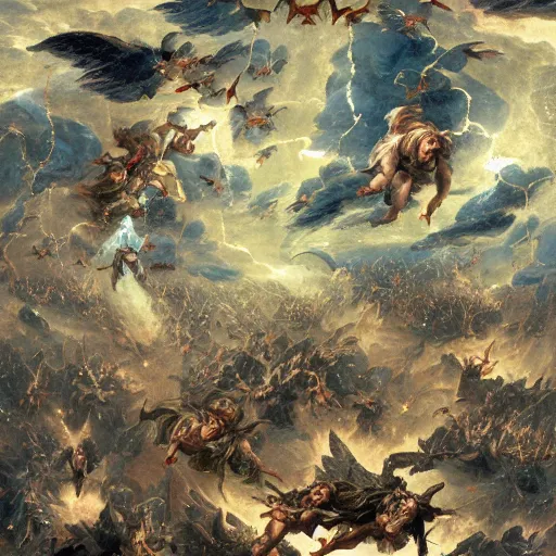 Image similar to thousands of rebel angels falling from heaven as meterorites, epic lighting, disaster clouds, michael bay style