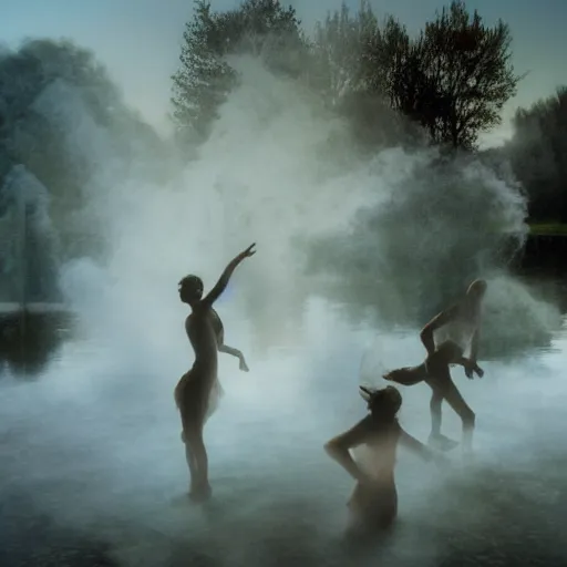 Image similar to the ghosts of the past, present and the future dancing around the fountain of youth and wisdom translucent transparent smoke