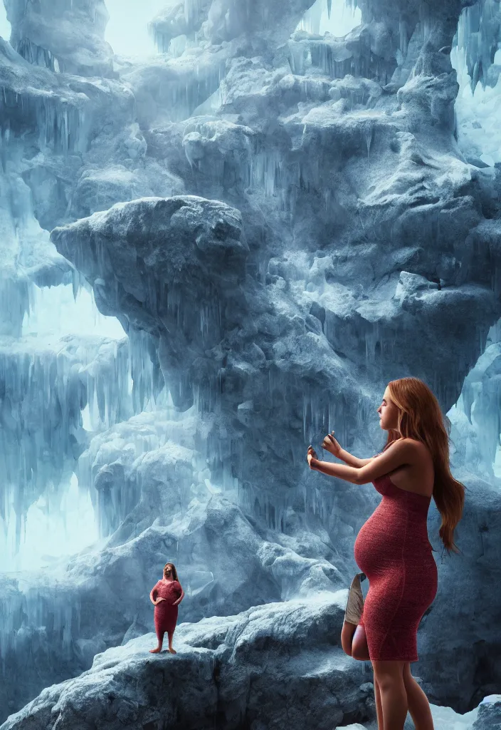Image similar to pregnant woman at the top making an epic speech to a proud of warrior crowd hearing from bellow, ice cave, facinating, epic digital art, octane render, beautiful composition, trending on artstation, award - winning photograph, masterpiece