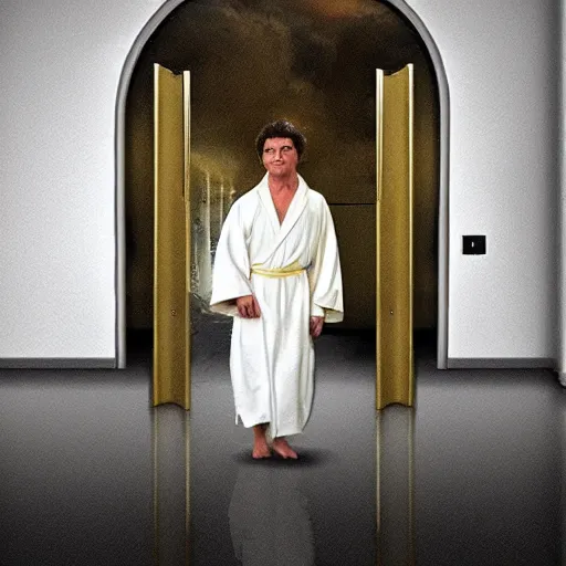 Prompt: heaven!!!!!!!!, gold gates of heaven!!!!!!!!, clouds on ground!!!!!, fog!!!, columbo as an angel, white robes, wings, symmetrical face!!!!, round symmetrical eyes!!!, color, hdr