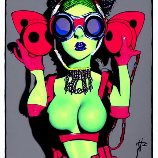 Image similar to cybergoth girl wearing goggles and eccentric jewelry by jamie hewlett, jamie hewlett art - h 7 6 8