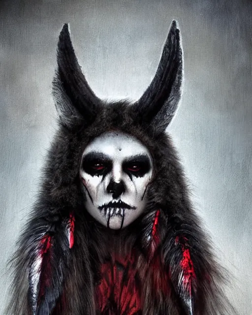 Prompt: wolf - human ghost - spirit of the grim - warpaint wears the scarlet skull armor and native blood headdress feathers, midnight fog - mist!, dark oil painting colors, realism, cinematic lighting, various refining methods, micro macro autofocus, ultra definition, award winning photo, photograph by ghostwave - gammell - giger - shadowlord