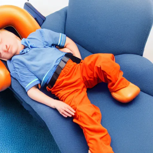 Image similar to small firefighter sleeping on a blue reclining chair