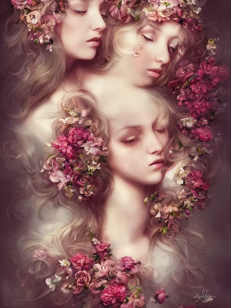 Image similar to beautiful girl digital art long hair with flowers baroque artgerm style