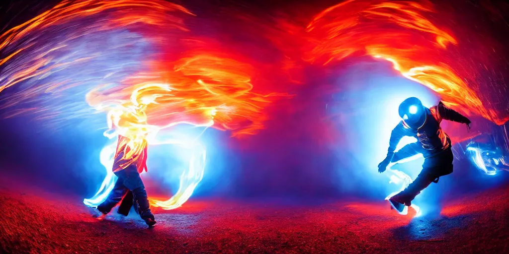 Image similar to fisheye slow motion with trail fire effect of futuristic break dancer wearing long dark cloak and golden helmet emitting blue and red fire, long exposure shot , enigmatic, at night in the middle of the arctic with red light A letter, paddle of water, steam, fog, water splashes, rim lights, glossy reflections, water droplets on lens, octane render, Volumetric dynamic lighting, stunning cover magazine, high details, hajime sorayama