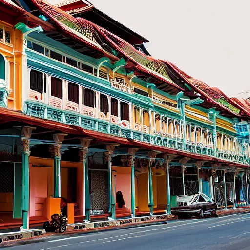 Image similar to a row of shophouses in singapore, by moebius