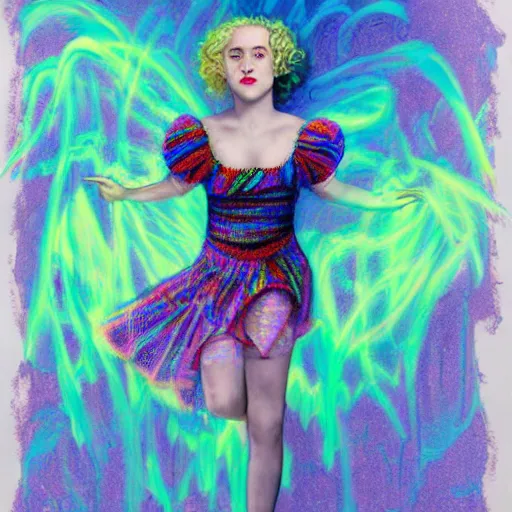 Image similar to surrealism psychedelic portrait sketch of julia garner as delirium of the endless in fishnet top and rainbow tutu skirt from the sandman, floating goldfish, green and blue eye heterochromia by alex ross, josh kirby, detailed, elegant, intricate