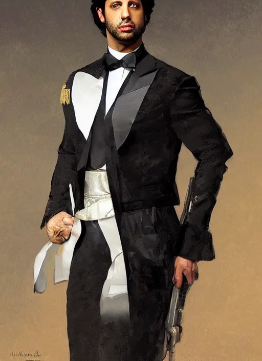 Image similar to a professional painting of Adam Rodriguez as a handsome young prince, wearing an high fashion paper tuxedo, intricate, elegant, digital painting, concept art, smooth, sharp focus, illustration, from Metal Gear, by Ruan Jia and Mandy Jurgens and Artgerm and William-Adolphe Bouguereau